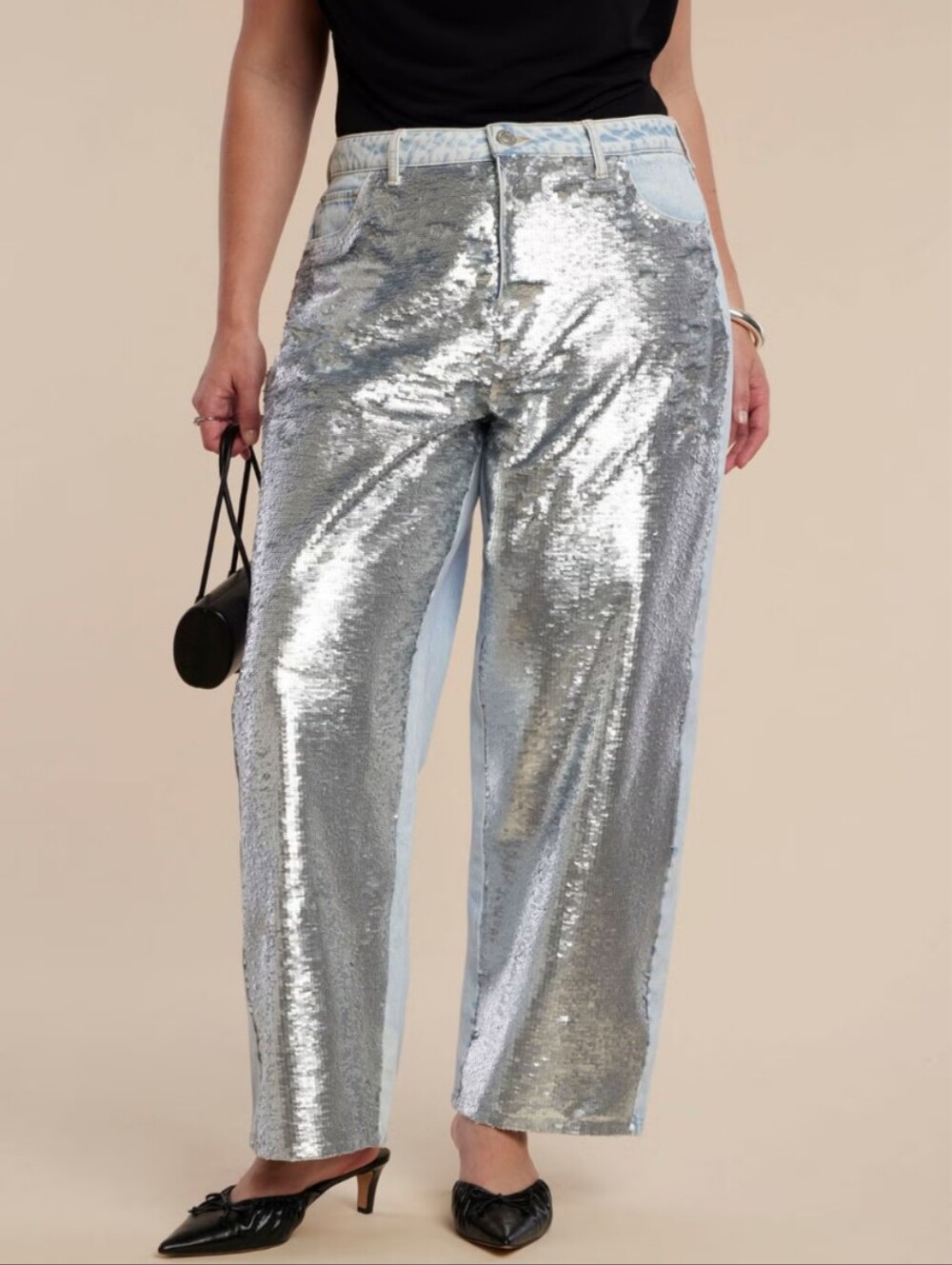 ELOQUII Sequin Front Jeans Light Wash Boyfriend Jeans Silver Size 16 - Picture 3 of 17